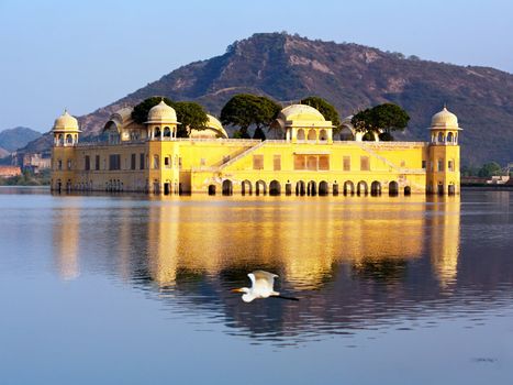 The palace Jal Mahal at night.  Jal Mahal (Water Palace) was built during the 18th century in the middle of Mansarovar Lake.  Jaipur, Rajasthan, India. 