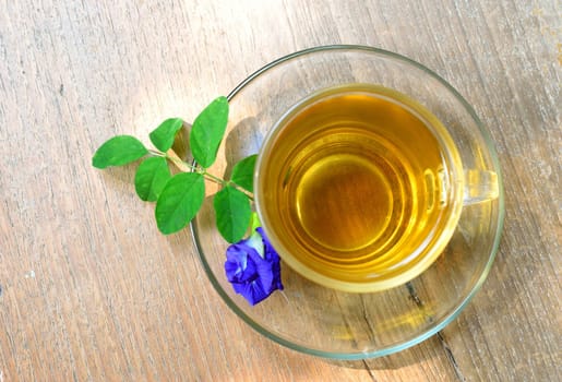 Cup of tea and purple flower on wood background.