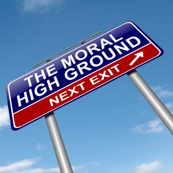 Illustration depicting a roadsign with a moral high ground concept. Sky background.