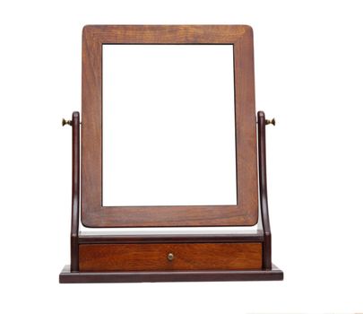 mirror for make up on wooden frame isolated over white background