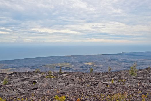 Solidified Cracked Lava Flow in Volcano, volcanic landscape when driving Chain of craters road in Big Island Hawaii