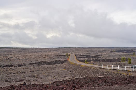 Solidified Cracked Lava Flow in Volcano, volcanic landscape when driving Chain of craters road in Big Island of Hawaii