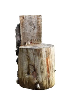 traditional handmade camping chair made in the woods from a stump isolated over white background