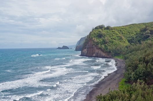 Pololu Beach on the Big Island of Hawaii. Passing the 28 mile marker on Highway 270 past Hawi it is a breathtaking view of Polulu Valley. It's a 30 minute hike over rough ground. But worth it