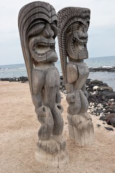 Hawaiian Sacred Carved Idols from Wood resembling images of god that guard the sanctuary of Puuhonua O Honaunau, an ancient refuge on the Big Island of Hawaii

