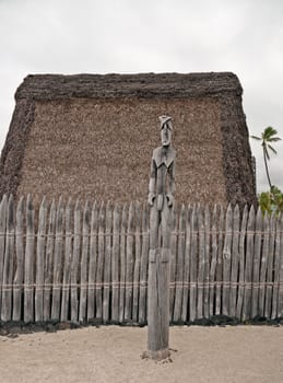 Hale o Keawe (wooden image of Hawaiian god) to guard the sanctuary of Puuhonua O Honaunau, an ancient refuge on the Big Island of Hawaii
