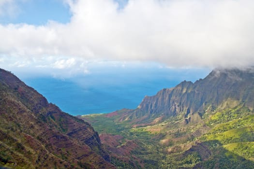 Kalalau Valley on Kauai Hawaii seen from the Kalalau Valley Lookout in the Waimea Canyon State Park

