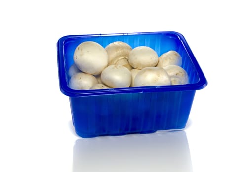 blue box with mushrooms isolated on white