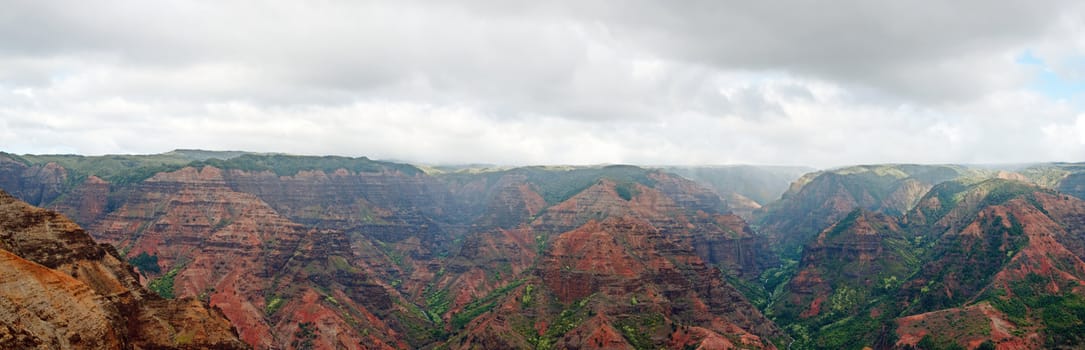 View into the Waimea Canyon on Kauai, Hawaii (the "Grand Canyon of the Pacific"). Panorama image five photos combine