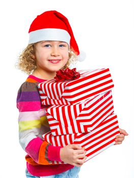 Smiling little girl in Santa's hat with gift box, isolated on white