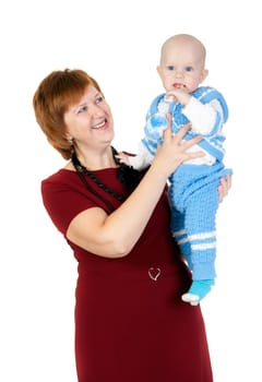 grandmother with her grandson in her arms in the studio on a white background
