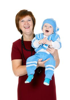 grandmother with her grandson in her arms in the studio on a white background