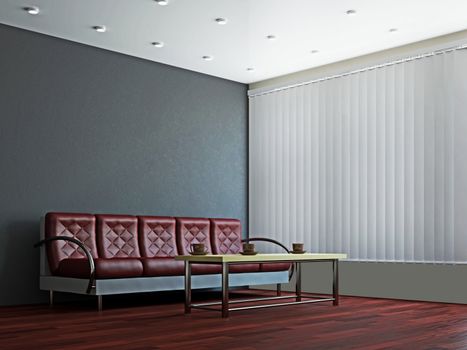 A room interior with a sofa and a table