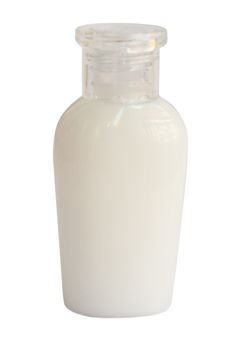 A small bottle of shampoo isolated on white background