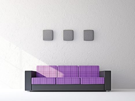 The lilac sofa near the white wall
