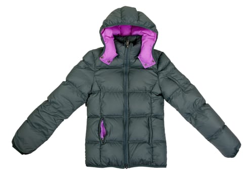 Female gray winter jacket with a hood on a white background