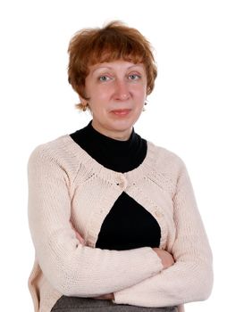 Portrait of middle-aged woman in the studio on a white background