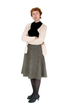Portrait of middle-aged woman in the studio on a white background
