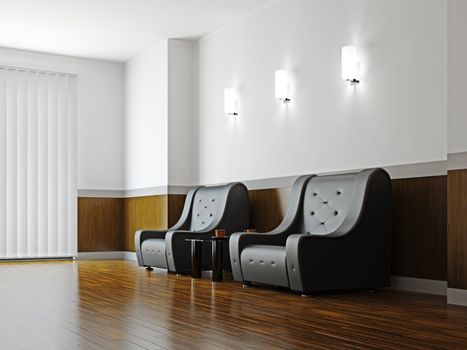 A room interior with a armchairs and a table