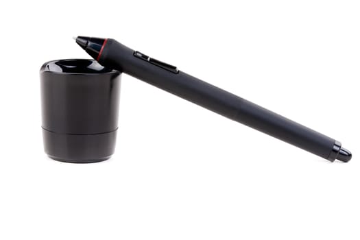 pen on the tablet on a stand in the studio on a white background