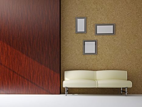 The leather sofa near the wooden wall