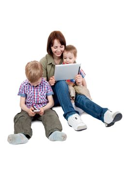 mother with two sons and Tablet Computer Isolated on white background