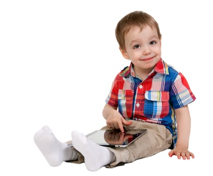 A child with a tablet computer isolated on white background