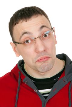 Portrait of a guy with glasses in a red dress on white background