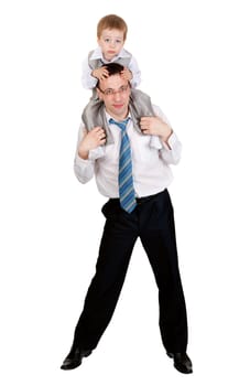 Businessman with a child on his shoulders in the studio, isolate on white