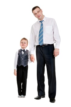 Businessman with his son in the studio, isolate on white