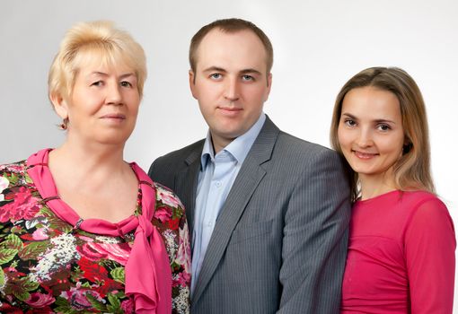 family portrait, grandmother, son, daughter, isolate on white