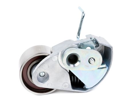 Belt tensioner for V-ribbed belt on a white background