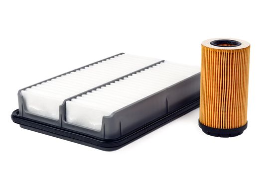 car oil filter and air isolated on white background