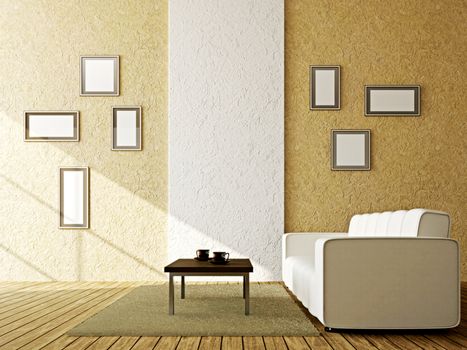 White sofa and a table near the wall
