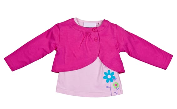 Children's clothes with applications in the form of a flower on a white background