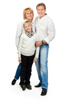 Portrait of a happy family of three on a white