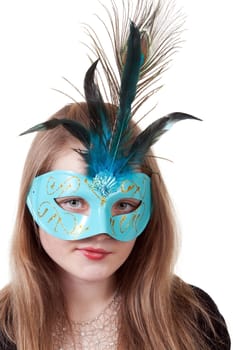 girl in the blue masquerade mask on a white background