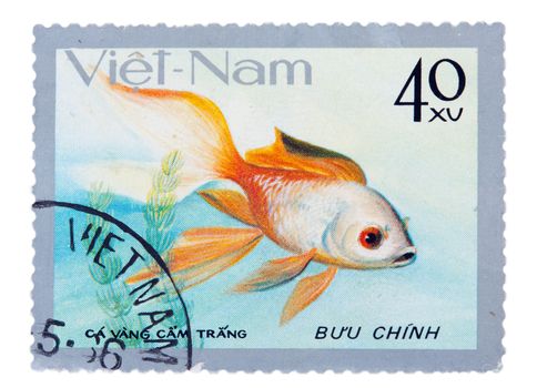 postage stamp with a picture of a fish aquarium