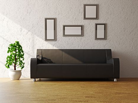 Black leather sofa and a plant near the wall