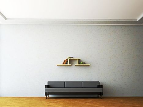 A room interior with a leather sofa near the wall
