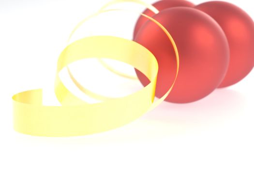 traditional red Christmas balls and yellow ribbon