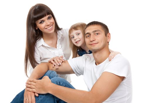 Happy family of three people isolated on white background