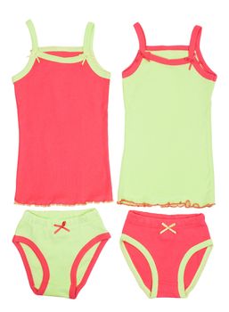 Children's clothes, a set of colored T-shirt and panties isolated on white background
