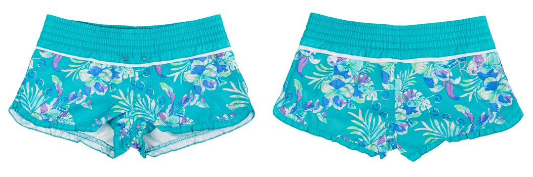 collage of women's beach shorts with blue pattern isolated on white background