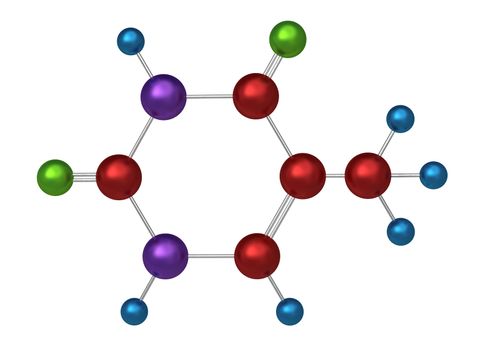 Molecule of thymine, key component in the formation of stable DNA and RNA molecules, 3d model