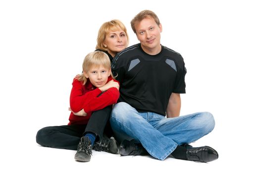 happy family sitting in the lotus position, isolate on white