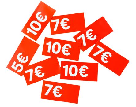 red paper price tags euros on a white background