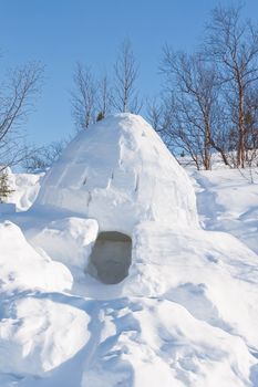 An igloo on a frozen in the wood against the blue sky