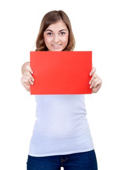 Beautiful girl with a red sheet of paper winks, isolate on white