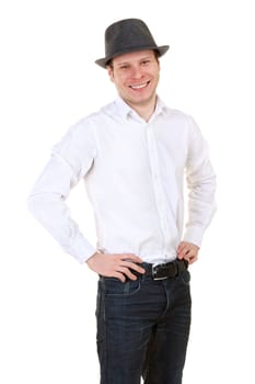 casual portrait of a young man in a hat isolated on white background